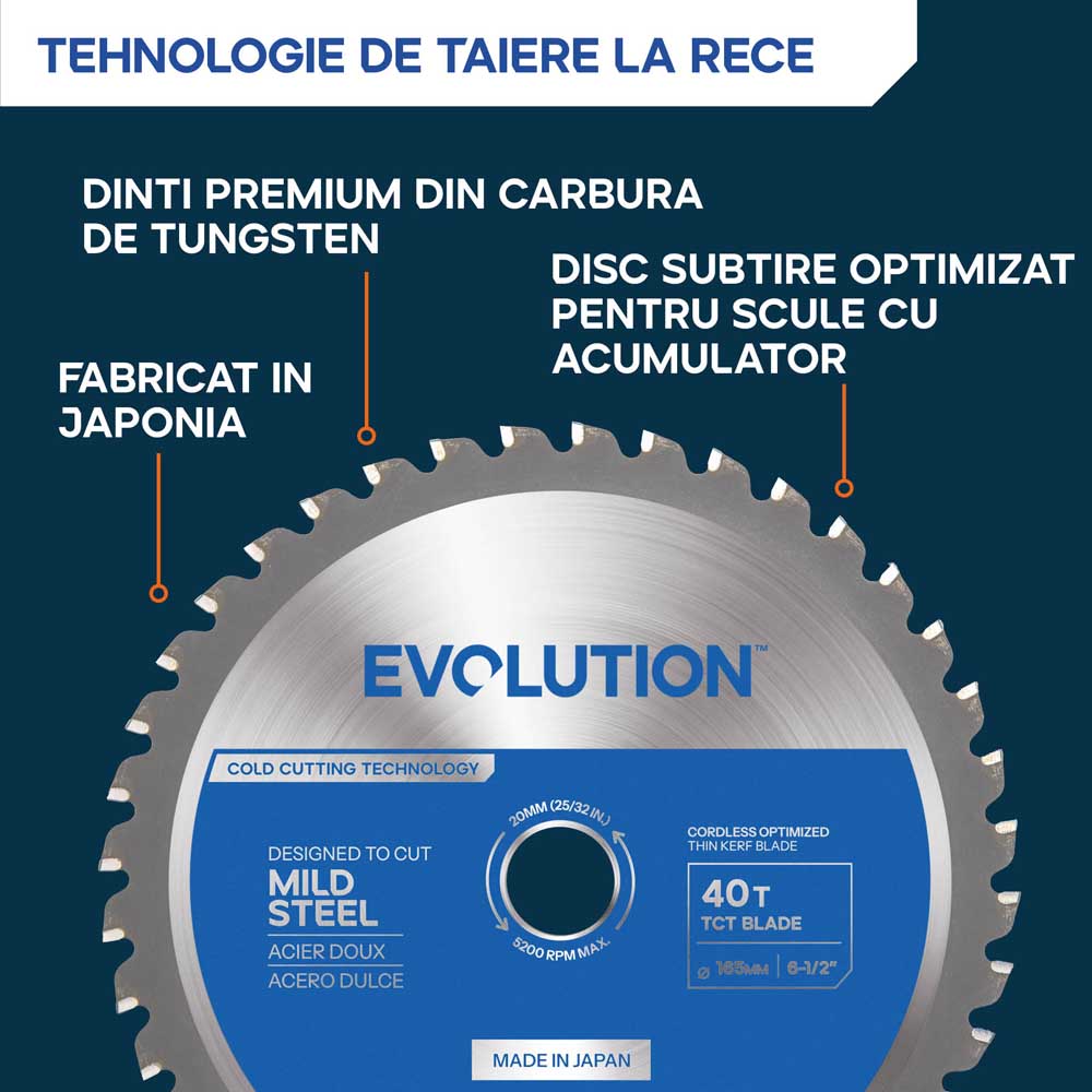 Panza circular pentru taiat otel, pentru fierastraie circulare Evolution 165mm, Ø165 x 20 mm, 40 de dinti TCT