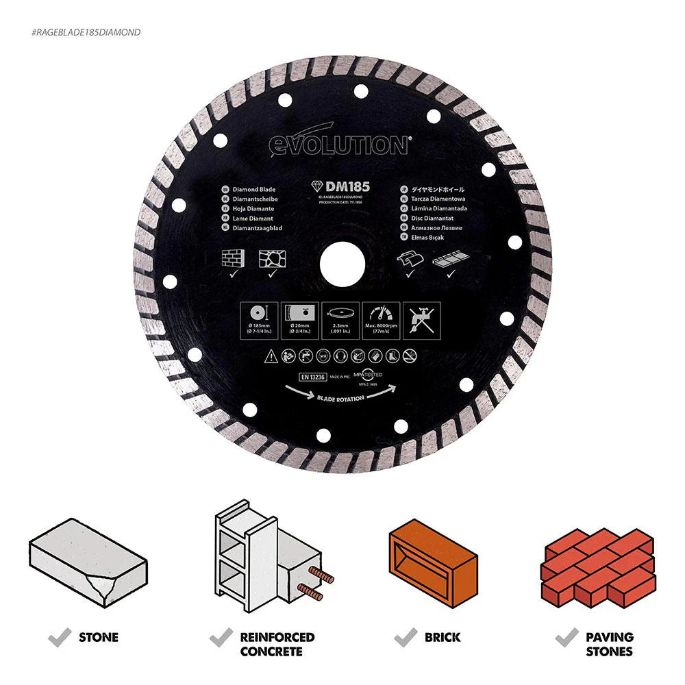 Disc diamantat multifunctional,cu muchie Turbo Segmentata, pentru fierastraie circulare Evolution 185mm, Ø185 x 20 mm