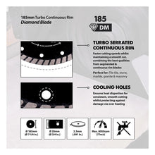 Disc diamantat multifunctional,cu muchie Turbo Segmentata, pentru fierastraie circulare Evolution 185mm, Ø185 x 20 mm