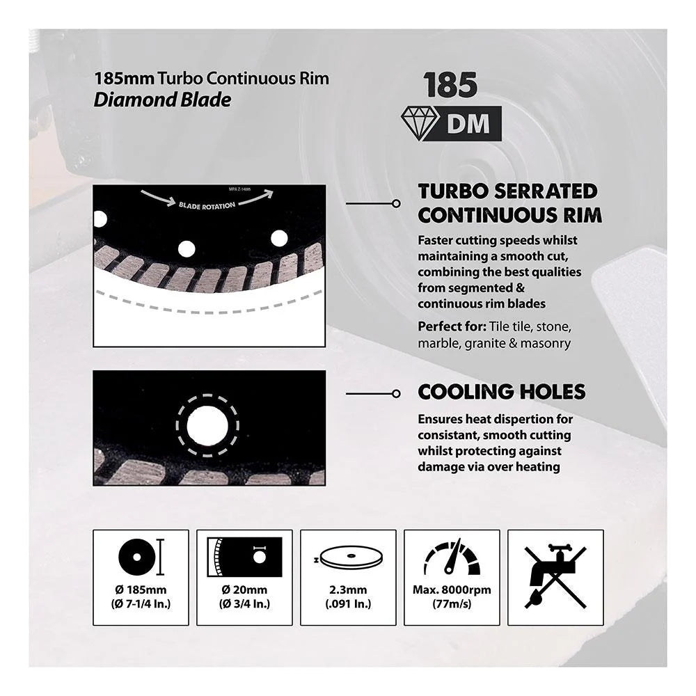 Disc diamantat multifunctional,cu muchie Turbo Segmentata, pentru fierastraie circulare Evolution 185mm, Ø185 x 20 mm