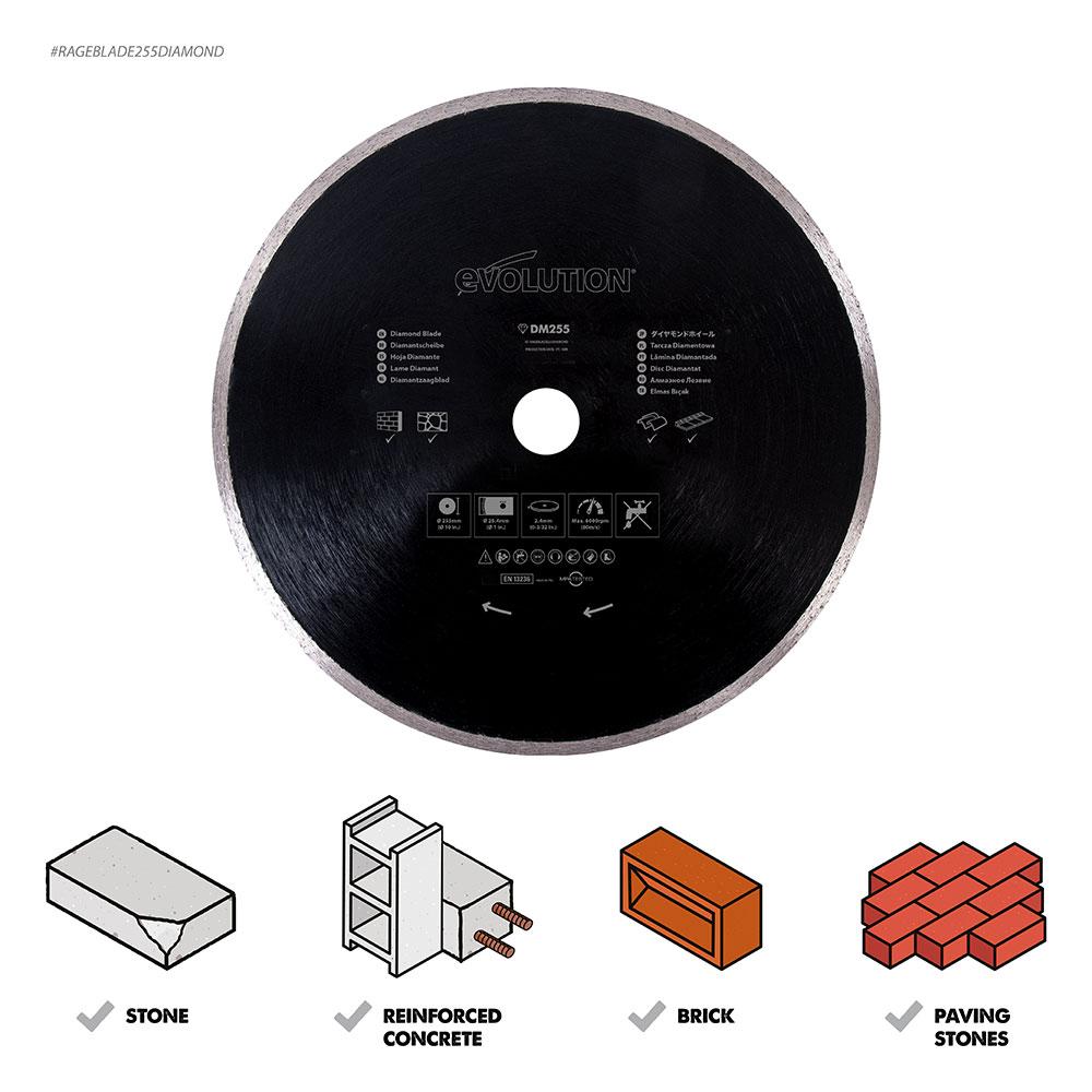 Disc diamantat, pentru fierastraie circulare cu glisare Evolution 255mm, Ø255 x 25.4 mm