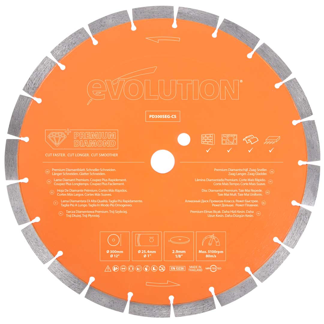 Disc Premium diamantat segmentat multifunctional, pentru masinile de taiat Evolution 300mm, Ø300 x 25.4 mm