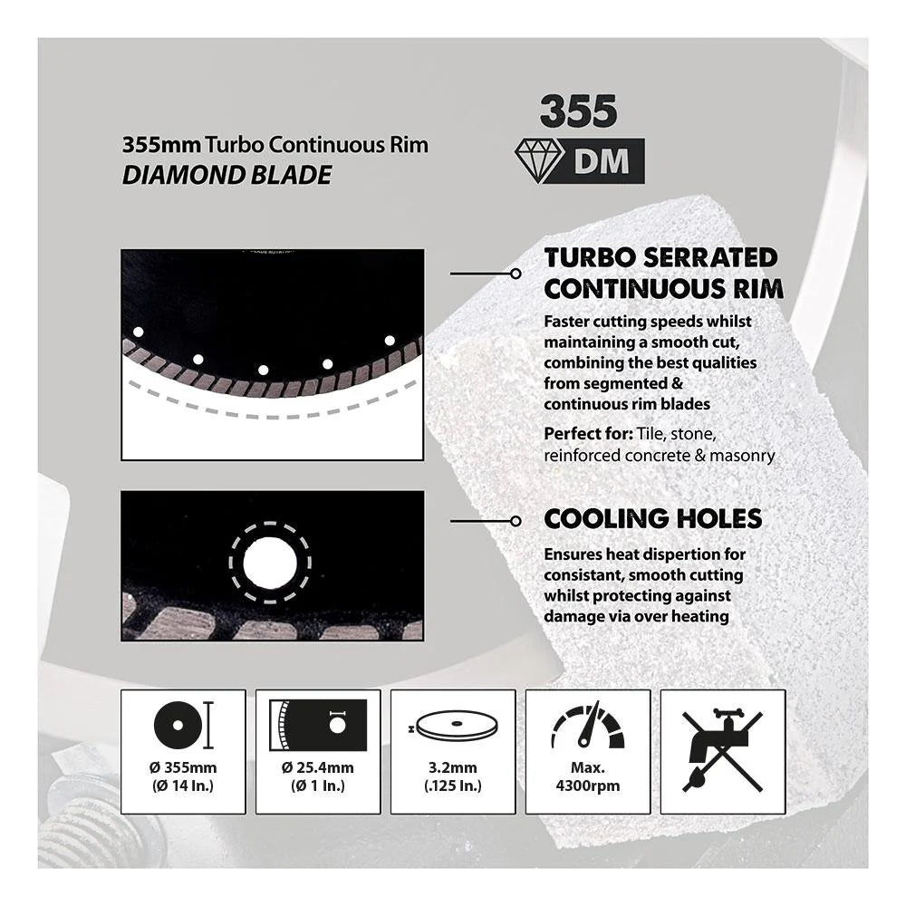 Disc diamantat pentru fierastraie circulare, Turbo-Segmentat, Evolution Ø355 x 25.4 mm