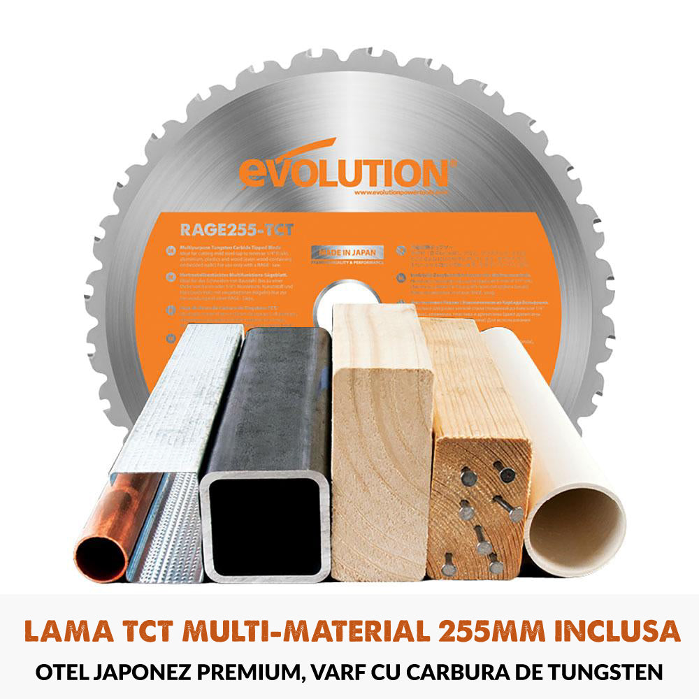 Fierastrau circular stationar multifunctional cu acumulatori, inclinare in ambele sensuri Evolution R255SMS-DB-Li 36V 255mm