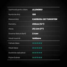 Disc pentru fierastrau circular, taiere aluminiu Evolution EVOMAX 355mm Ø355 x 25.4 mm, 100 dinti, carbura tungsten