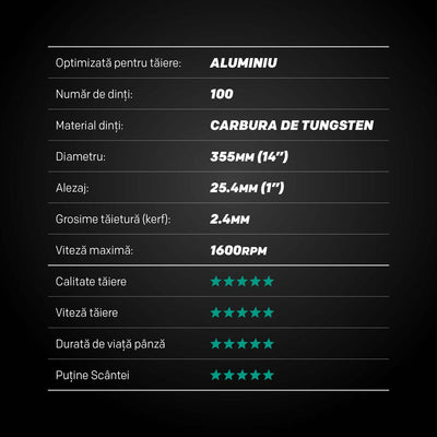 Disc pentru fierastrau circular, taiere aluminiu Evolution EVOMAX 355mm Ø355 x 25.4 mm, 100 dinti, carbura tungsten
