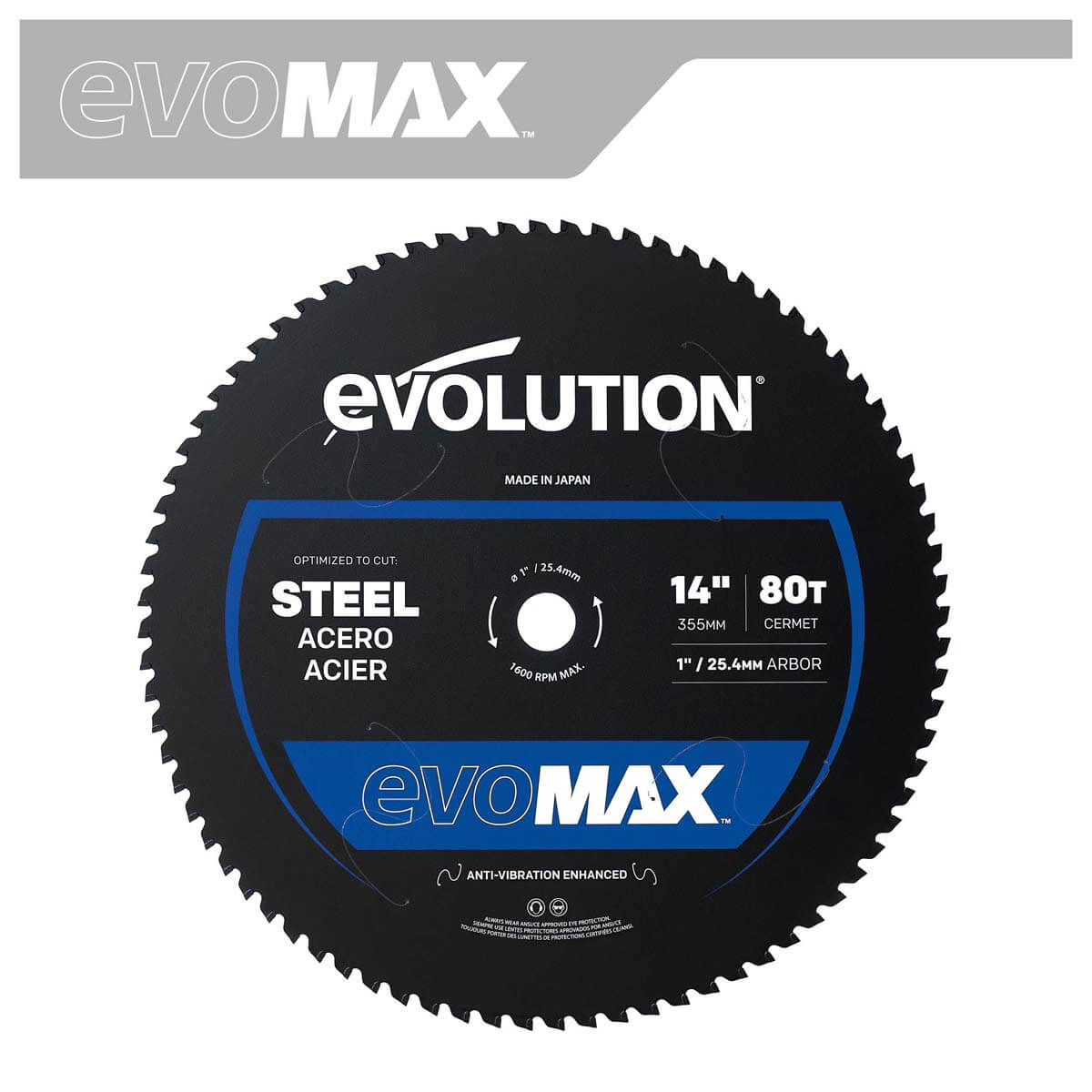 Disc pentru fierastrau circular, taiere otel Evolution EVOMAX 355mm Ø355 x 25.4 mm, 80 dinti, carbura Cermet