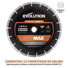 Disc Premium diamantat segmentat EVOMAX 260mm Premium, Ultra-Subtire, Ø260 x 25.4 mm