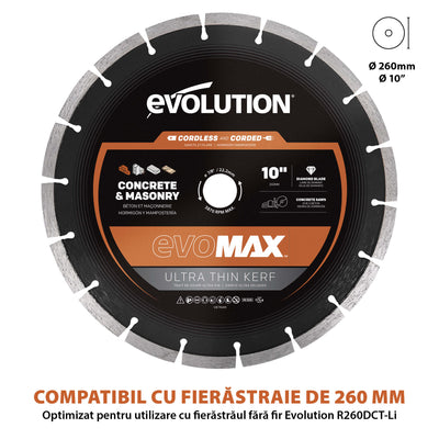 Disc Premium diamantat segmentat EVOMAX 260mm Premium, Ultra-Subtire, Ø260 x 25.4 mm