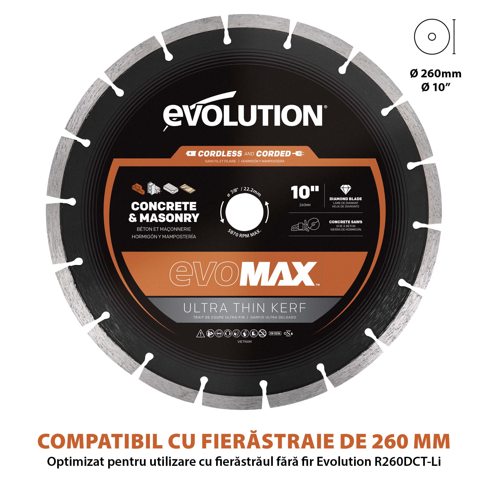 Disc Premium diamantat segmentat EVOMAX 260mm Premium, Ultra-Subtire, Ø260 x 25.4 mm