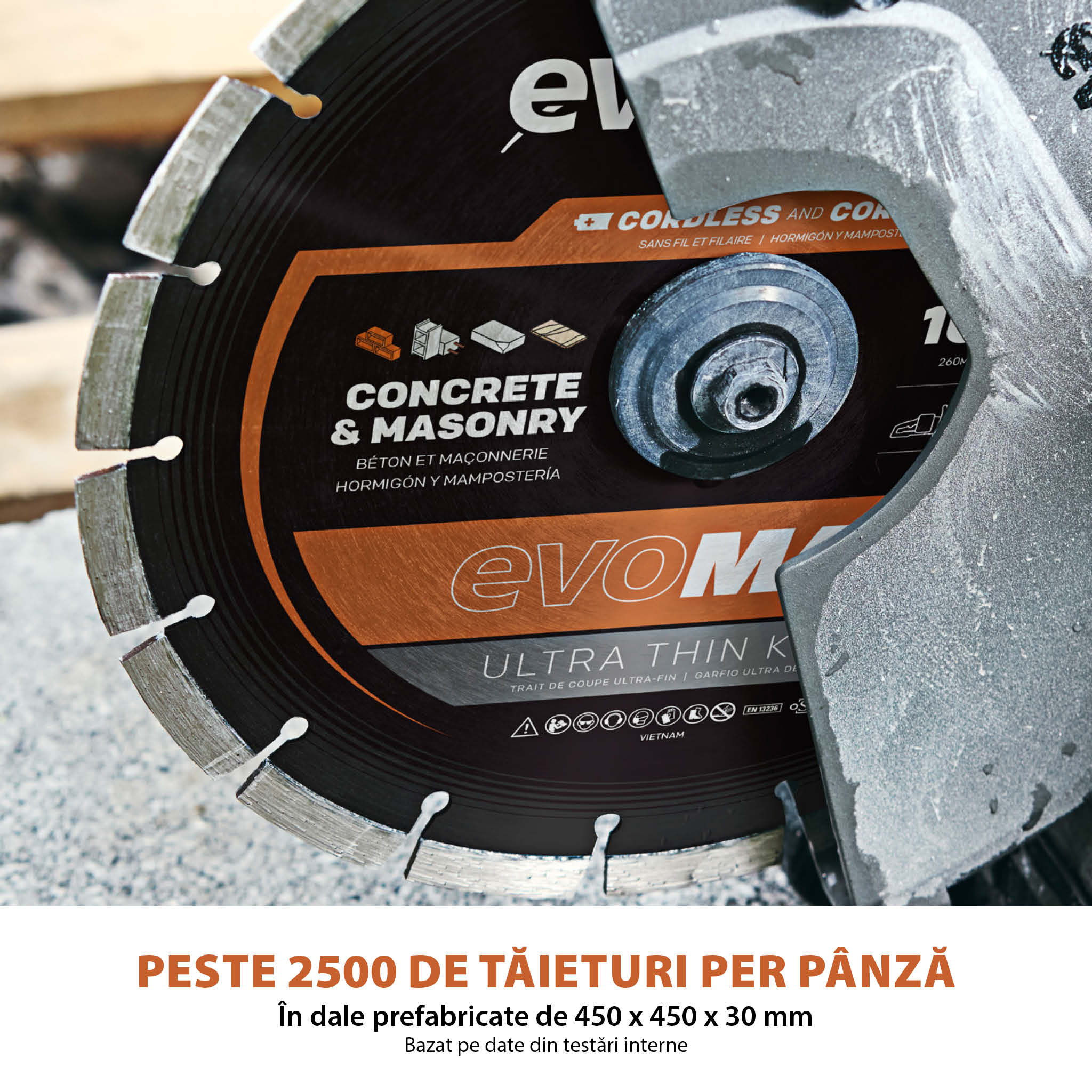 Disc Premium diamantat segmentat EVOMAX 260mm Premium, Ultra-Subtire, Ø260 x 25.4 mm