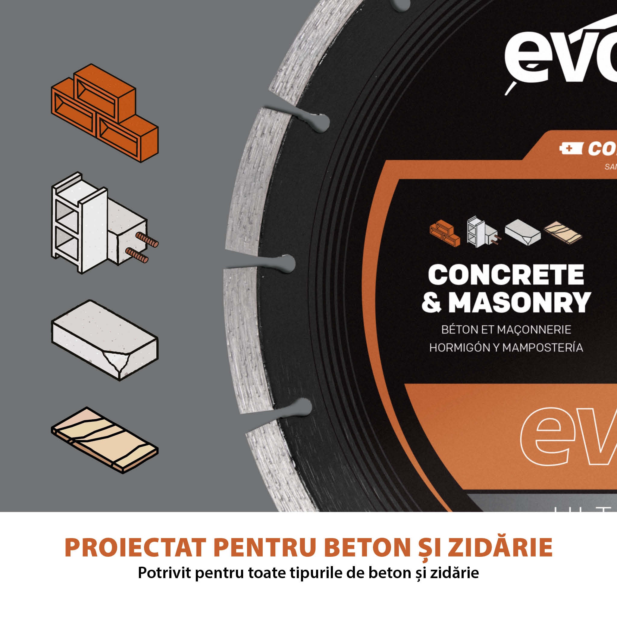 Disc Premium diamantat segmentat EVOMAX 260mm Premium, Ultra-Subtire, Ø260 x 25.4 mm