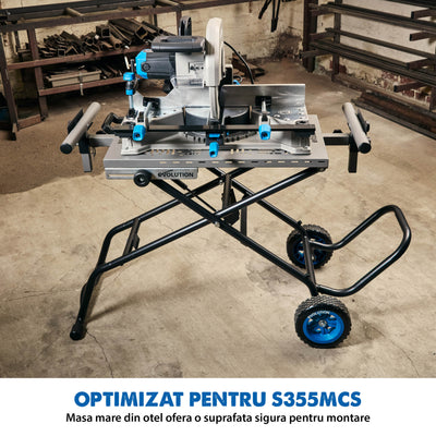 Pachet Fierastrau de debitat metal cu functie de taiere in unghi Evolution S355MCS-G2, echipat cu disc 355mm EVOMAX Cermet Long-Life 80T + Stand Hidraulic