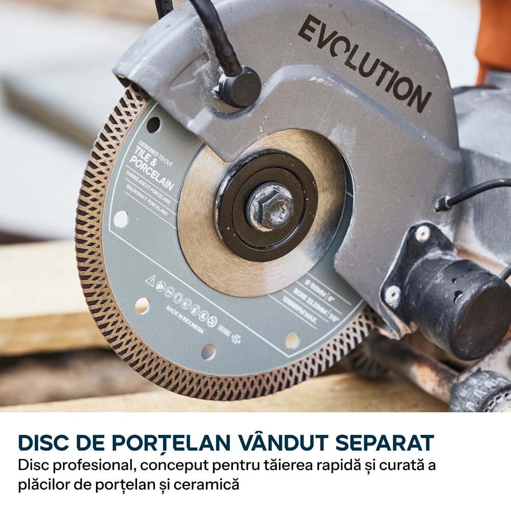 Masina compacta de taiat beton Evolution R150DCT-PRO, 150 mm, cu sistem de reducere a prafului prin alimentare cu apa, disc diamantat Endurance si adancime de taiere de 53 mm