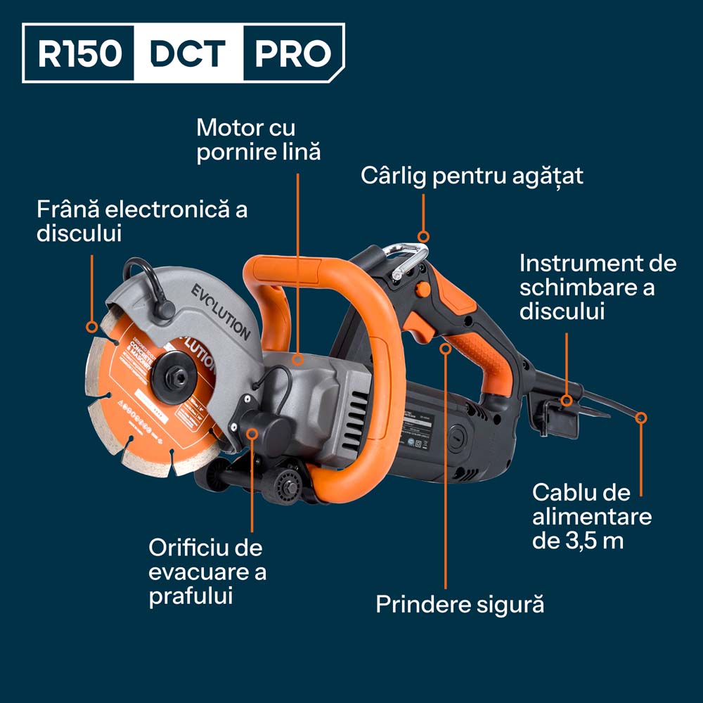 Masina compacta de taiat beton Evolution R150DCT-PRO, 150 mm, cu sistem de reducere a prafului prin alimentare cu apa, disc diamantat Endurance si adancime de taiere de 53 mm