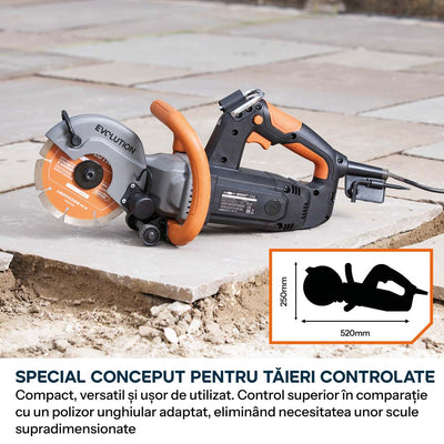 Masina compacta de taiat beton Evolution R150DCT-PRO, 150 mm, cu sistem de reducere a prafului prin alimentare cu apa, disc diamantat Endurance si adancime de taiere de 53 mm