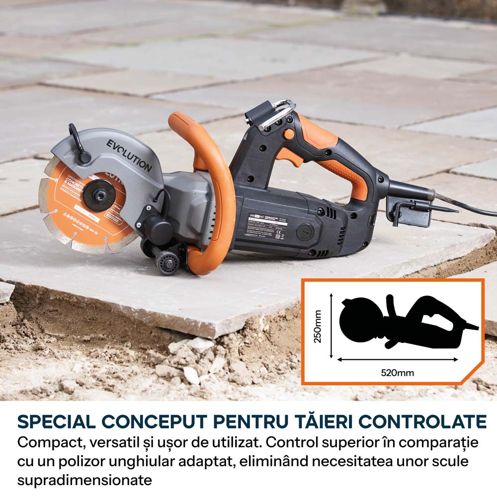 Masina compacta de taiat beton Evolution R150DCT-PRO, 150 mm, cu sistem de reducere a prafului prin alimentare cu apa, disc diamantat Endurance si adancime de taiere de 53 mm
