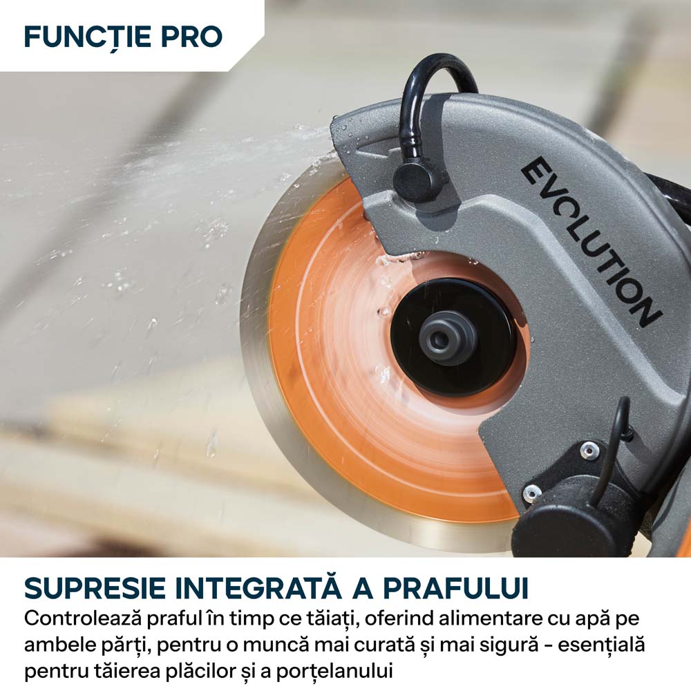 Masina compacta de taiat beton Evolution R150DCT-PRO, 150 mm, cu sistem de reducere a prafului prin alimentare cu apa, disc diamantat Endurance si adancime de taiere de 53 mm
