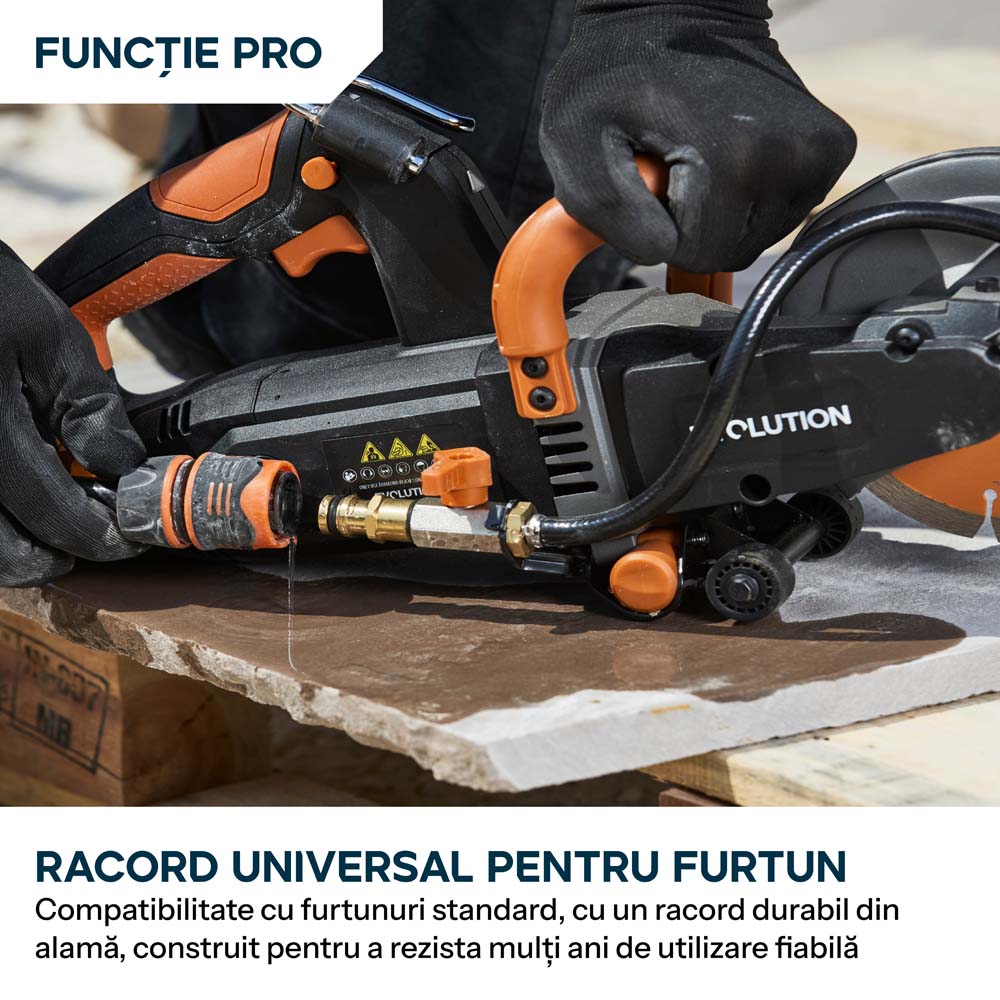 Masina compacta de taiat beton Evolution R150DCT-PRO, 150 mm, cu sistem de reducere a prafului prin alimentare cu apa, disc diamantat Endurance si adancime de taiere de 53 mm