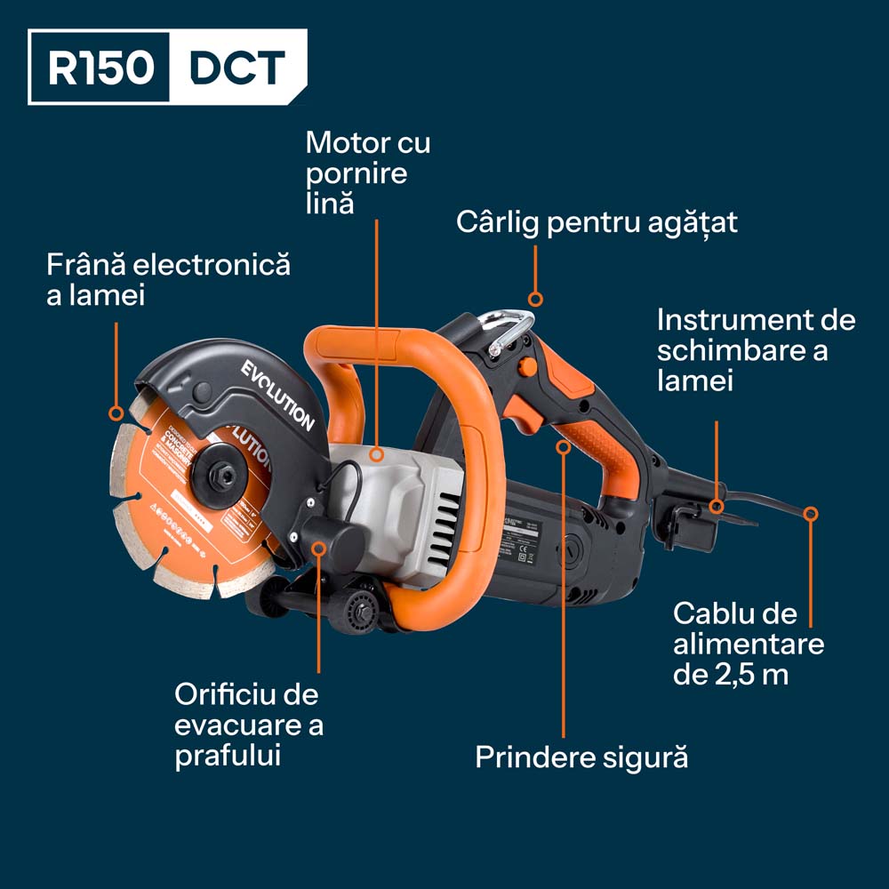 Masina compacta de taiat beton Evolution R150DCT, 150 mm, cu disc diamantat Endurance si adancime de taiere de 53 mm
