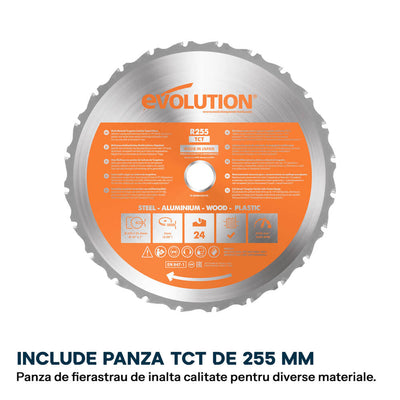Fierastrau circular cu masa Evolution R255MTS cu disc de taiere multi-materiale de 255mm 1500W
