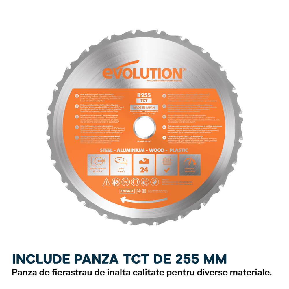Fierastrau circular cu masa Evolution R255MTS cu disc de taiere multi-materiale de 255mm 1500W