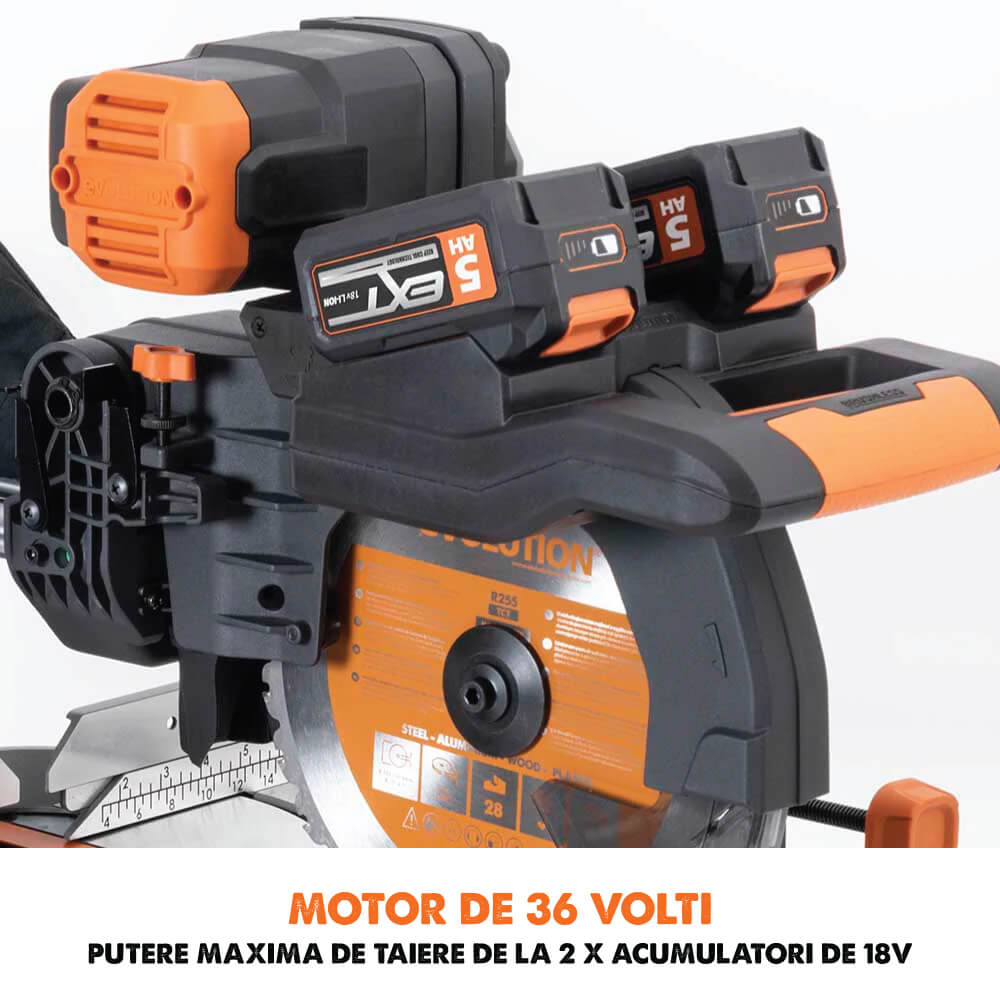 Fierastrau circular stationar multifunctional cu acumulatori, inclinare in ambele sensuri Evolution R255SMS-DB-Li 36V 255mm