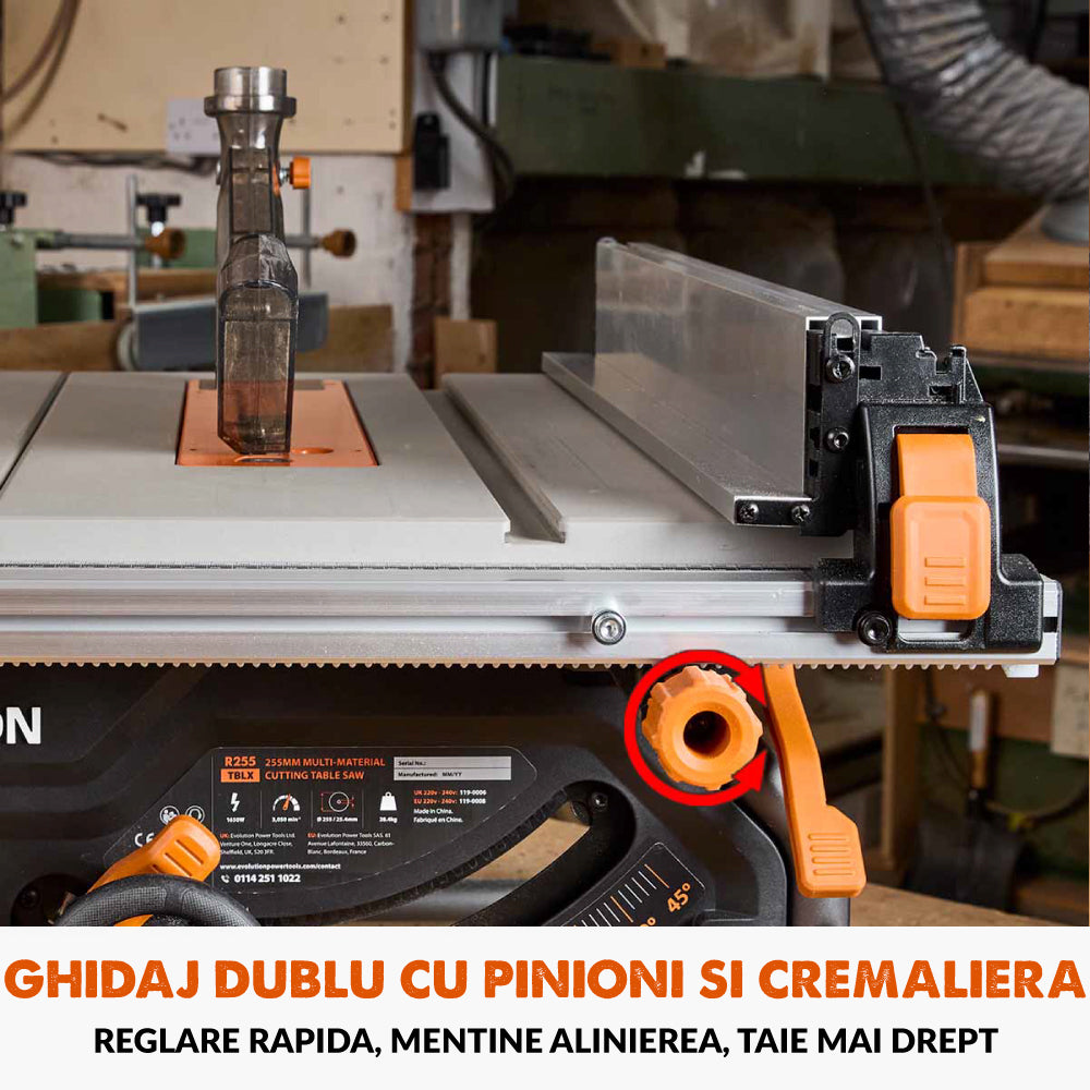 Desigilat - Fierastrau circular cu masa Evolution R255TBL+ cu disc de taiere multi-materiale de 255mm, 1800W