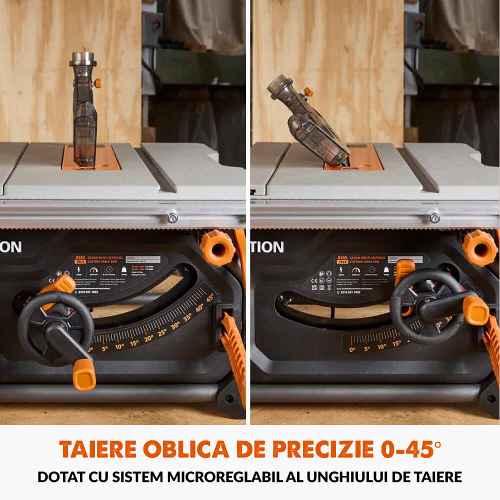 Fierastrau circular cu masa Evolution R255TBL cu disc de taiere multi-materialea de 255mm, 1650W