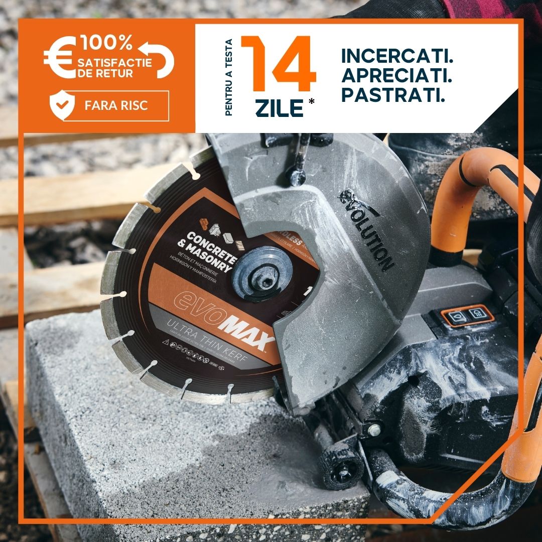 Masina de taiat beton fara fir Evolution R260DCT-Li cu disc Evomax 260mm si pulverizator apa