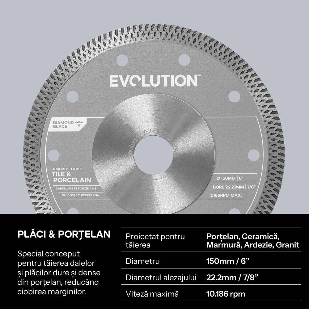 Disc diamantat de 150 mm pentru gresie portelanata si placi ceramice, alezaj de 22,2 mm