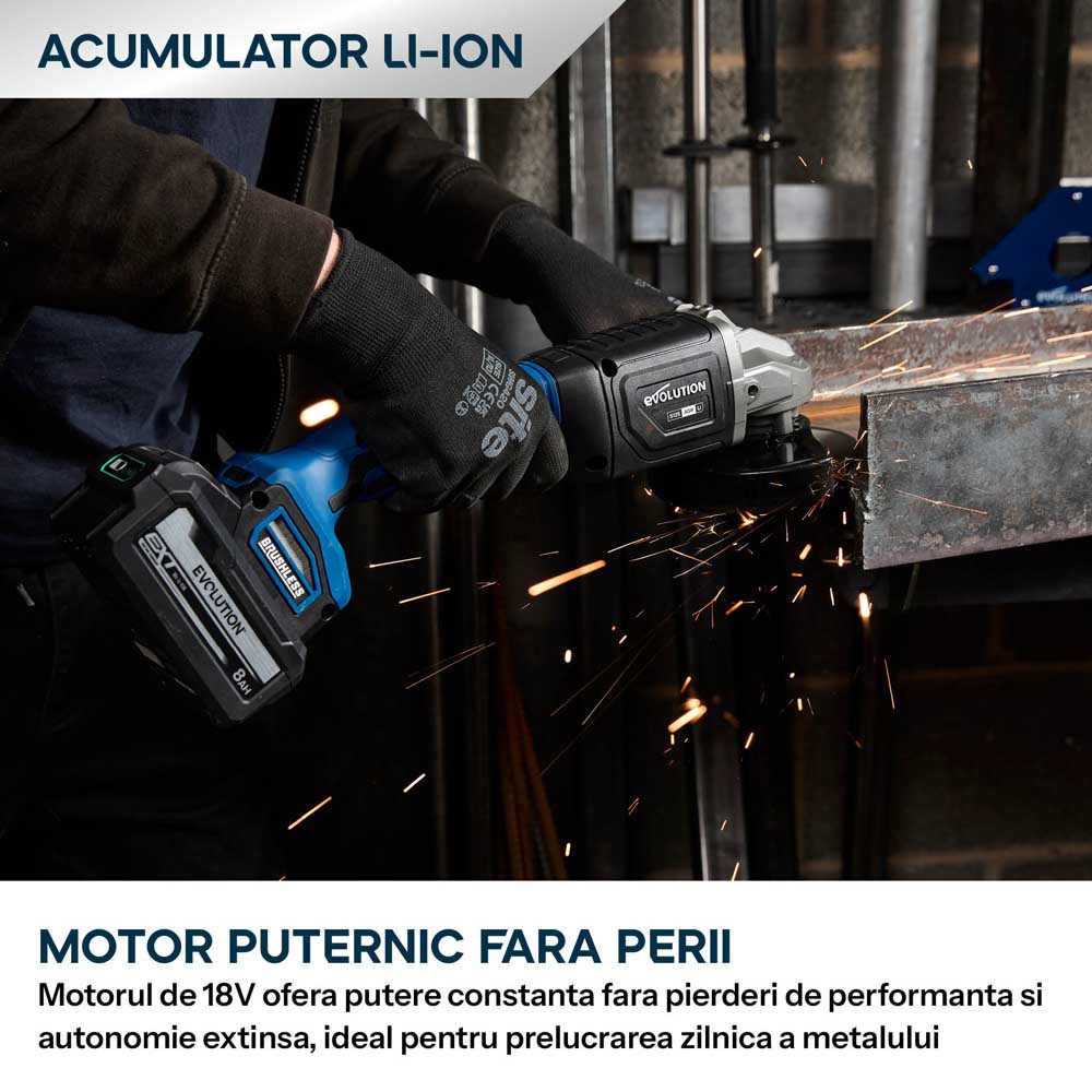 Polizor unghiular cu acumulator 125mm Evolution S125AGR-Li, motor fara perii 18V (fara panza)