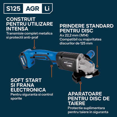 Polizor unghiular cu acumulator 125mm Evolution S125AGR-Li, motor fara perii 18V (fara panza)
