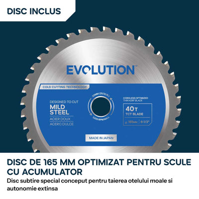 Fierastrau circular cu acumulator pentru metal Evolution S165CCS-Li cu disc TCT subtire 16mm