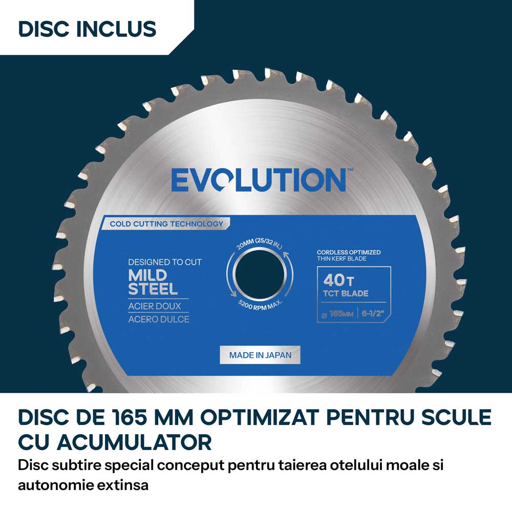 Fierastrau circular cu acumulator pentru metal Evolution S165CCS-Li cu disc TCT subtire 16mm
