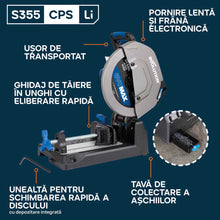 Fierastrau de debitat metal cu acumulator Evolution S355CPS-Li cu motor Brushless 36V si disc EvoMax