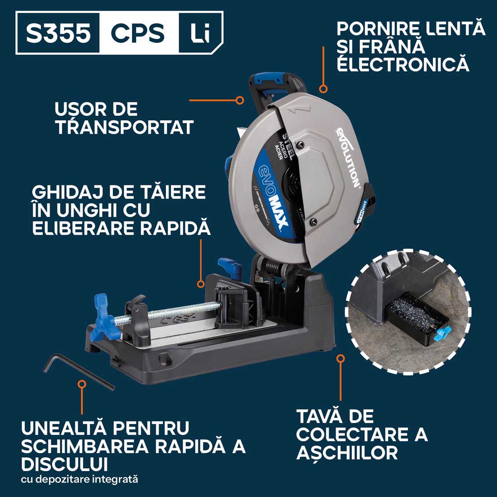 Fierastrau de debitat metal cu acumulator Evolution S355CPS-Li cu motor Brushless 36V si disc EvoMax