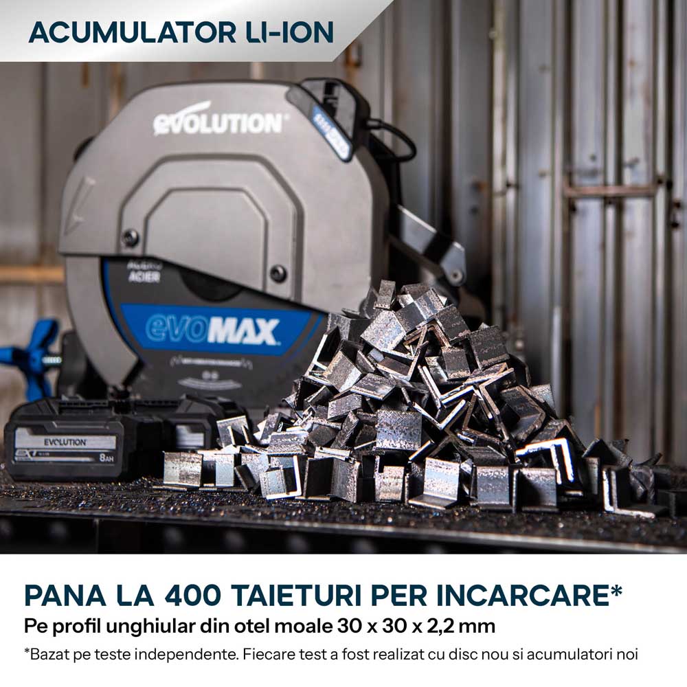 Fierastrau de debitat metal cu acumulator Evolution S355CPS-Li cu motor Brushless 36V si disc EvoMax