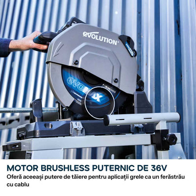 Fierastrau de debitat metal cu acumulator Evolution S355CPS-Li cu motor Brushless 36V si disc EvoMax