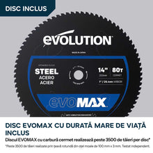 Fierastrau de debitat metal cu acumulator Evolution S355CPS-Li cu motor Brushless 36V si disc EvoMax