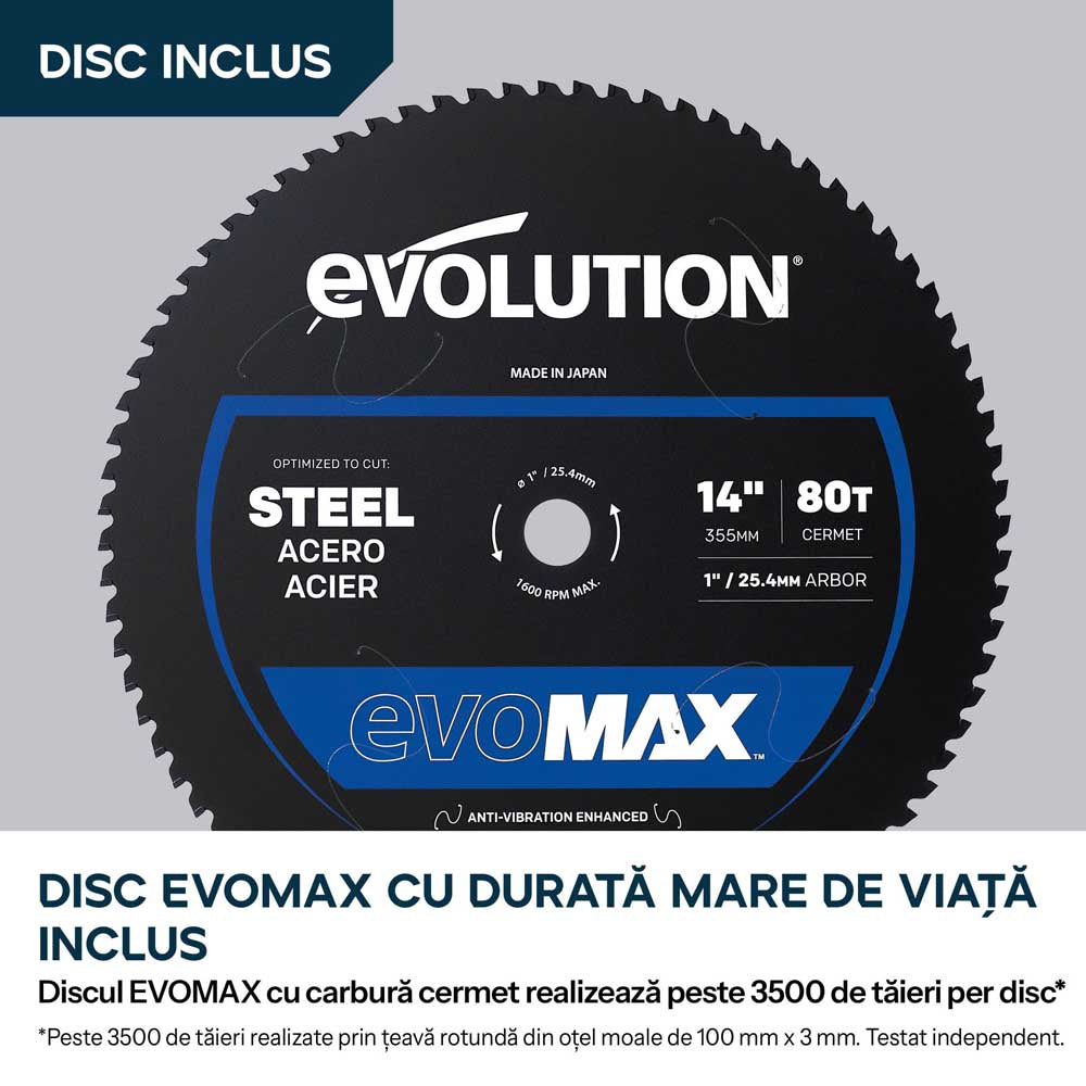 Fierastrau de debitat metal cu acumulator Evolution S355CPS-Li cu motor Brushless 36V si disc EvoMax
