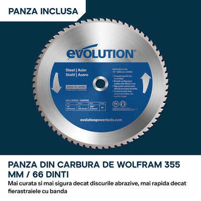Fierastrau de debitat metal Evolution S355CPSL cu disc TCT 355mm pentru otel moale