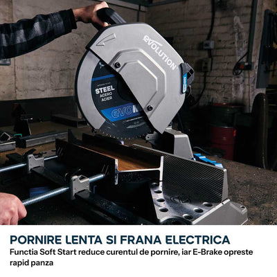 Fierastrau de debitat metal cu functie de taiere in unghi Evolution S355MCS-G2, echipat cu disc 355mm EVOMAX Cermet Long-Life 80T, tehnologie inteligenta a motorului si ghidaj Shadowline