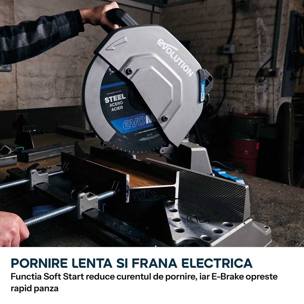 Fierastrau de debitat metal cu functie de taiere in unghi Evolution S355MCS-G2, echipat cu disc 355mm EVOMAX Cermet Long-Life 80T, tehnologie inteligenta a motorului si ghidaj Shadowline