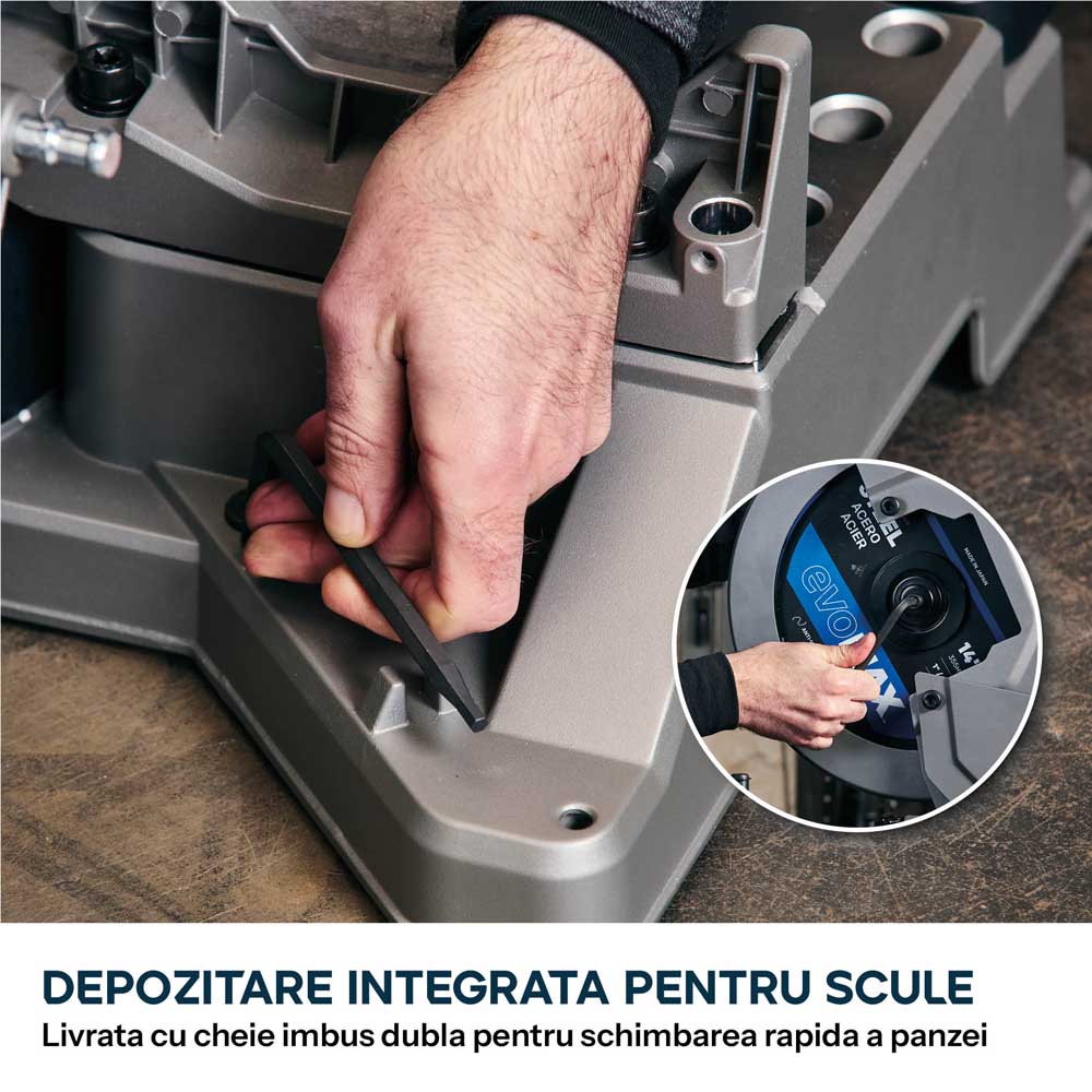 Fierastrau de debitat metal cu functie de taiere in unghi Evolution S355MCS-G2, echipat cu disc 355mm EVOMAX Cermet Long-Life 80T, tehnologie inteligenta a motorului si ghidaj Shadowline