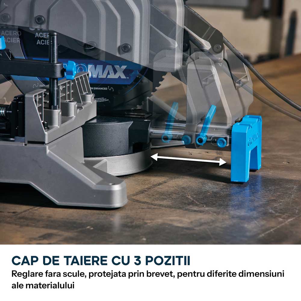 Fierastrau de debitat metal cu functie de taiere in unghi Evolution S355MCS-G2, echipat cu disc 355mm EVOMAX Cermet Long-Life 80T, tehnologie inteligenta a motorului si ghidaj Shadowline