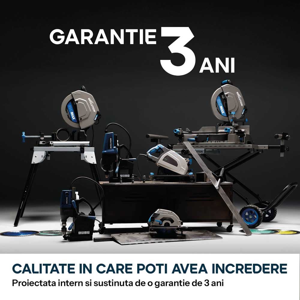 Fierastrau de debitat metal cu functie de taiere in unghi Evolution S355MCS-G2, echipat cu disc 355mm EVOMAX Cermet Long-Life 80T, tehnologie inteligenta a motorului si ghidaj Shadowline