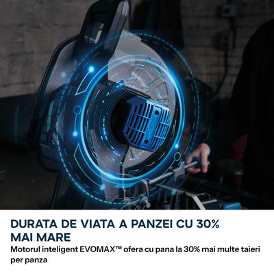 Fierastrau de debitat metal cu functie de taiere in unghi Evolution S355MCS-G2, echipat cu disc 355mm EVOMAX Cermet Long-Life 80T, tehnologie inteligenta a motorului si ghidaj Shadowline
