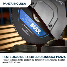 Fierastrau de debitat metal cu functie de taiere in unghi Evolution S355MCS-G2, echipat cu disc 355mm EVOMAX Cermet Long-Life 80T, tehnologie inteligenta a motorului si ghidaj Shadowline