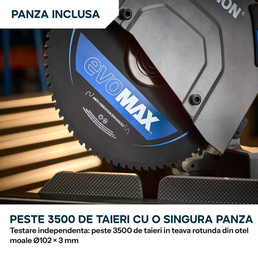Fierastrau de debitat metal cu functie de taiere in unghi Evolution S355MCS-G2, echipat cu disc 355mm EVOMAX Cermet Long-Life 80T, tehnologie inteligenta a motorului si ghidaj Shadowline